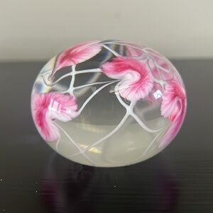 1996 Studio Mark Signed Art Glass Paperweight Pink and White Floral Swirl